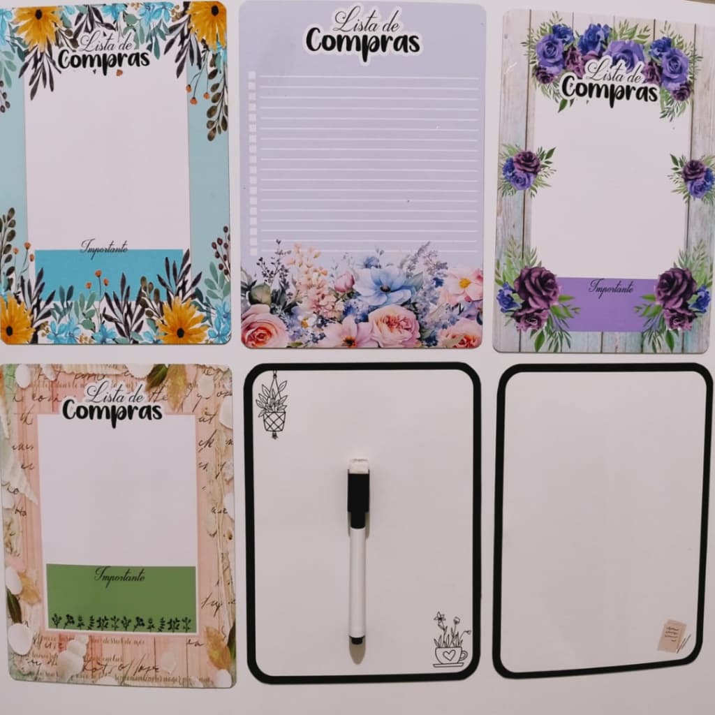 Lista de compra, Lousa magnética, porta recadinho, imã de geladeira com caneta, anotações.