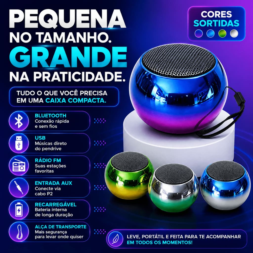 Caixa de Som Bluetooth Portátil 3W Wireless Mini Speaker Recarregável USB Rádio FM AUX Cores Sortidas