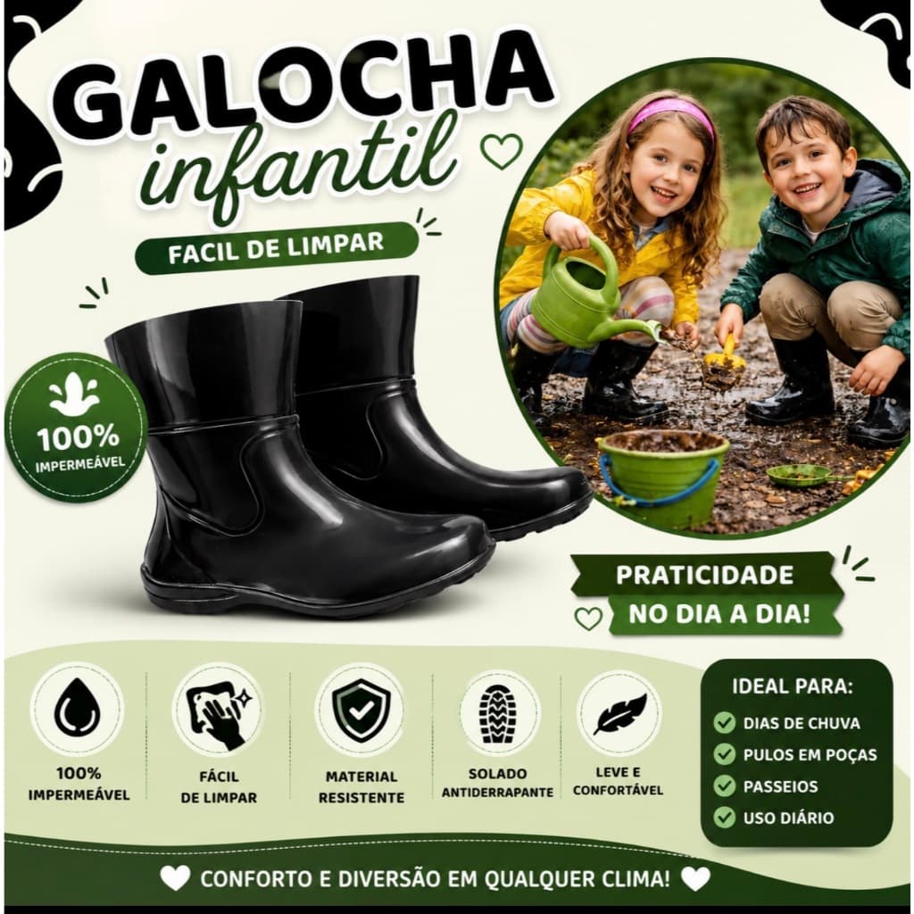 Bota Galocha Infantil limpa Facil Menino Menina impermeave 19 Ao 34 confortável leve