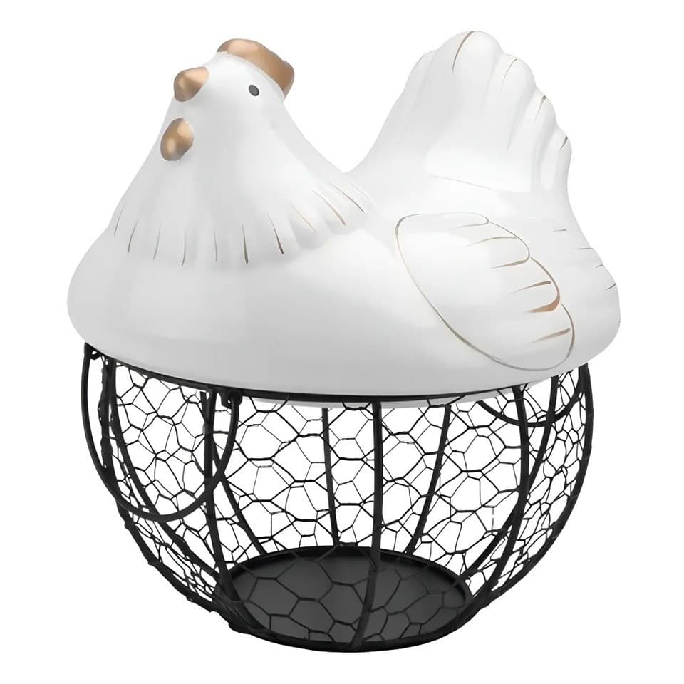 Cesto de Ovos Aramado com Galinha em Cerâmica – Organizador Decorativo para Cozinha