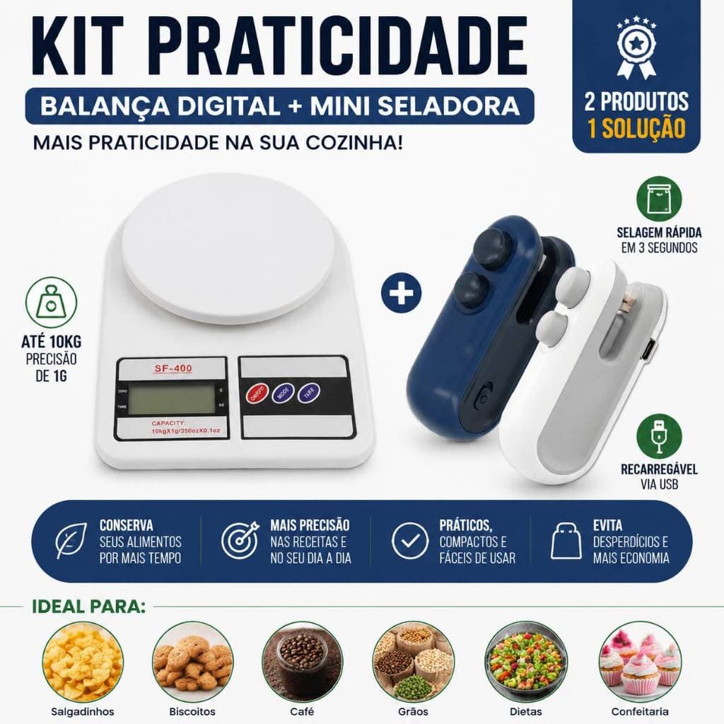 Kit Balança Digital Cozinha 10kg Alta Precisão + Mini Seladora Plástico Recarregável Dieta Alimentos