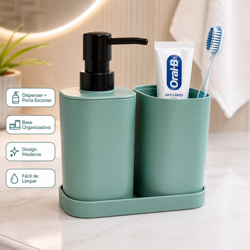Kit Banheiro Verde 3 Peças Porta Sabonete Líquido Porta Escovas Plástico Moderno