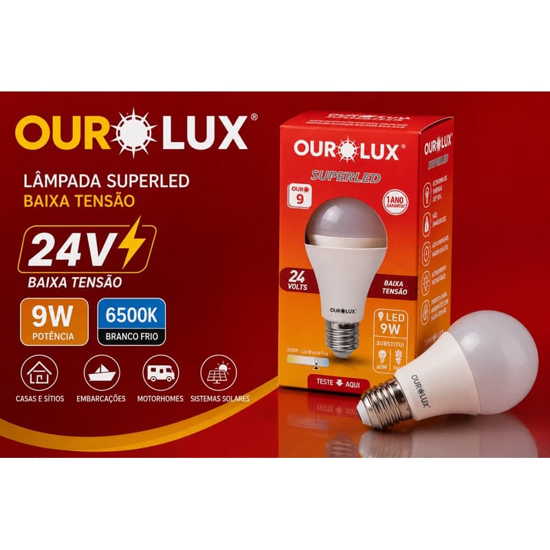 Lâmpada Bulbo 24V 9W Superled Baixa Tensão E27 Branco Frio Ourolux Onibus ,Barco Bateria  24 VOLTS DC