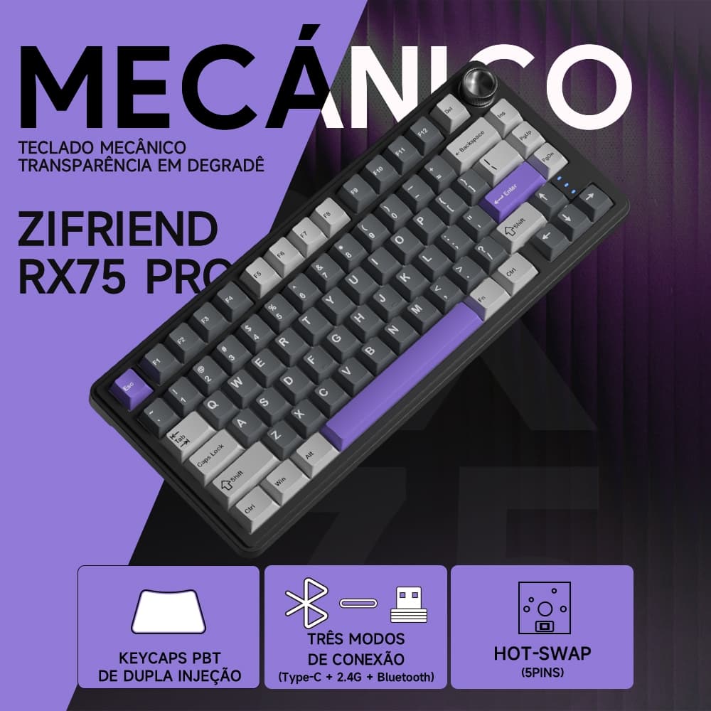 RX75PRO Teclado Mecânico Gamer Sem Fio HIFI sound BT 2.4g USB Pbt RGB 4000mAh software NKRO Pc Lapto
