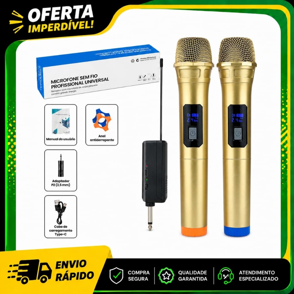 Microfone Sem Fio Duplo 2.4GHz Dinâmico Profissional Karaokê, Plug & Play para Festa Live Reunião, Sem Baterias Inclusas