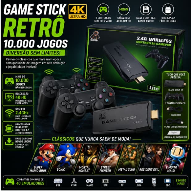 Game Stick 4K Retrô HDMI +10.000 Jogos 2 Controles Sem Fio Console Plug Play TV