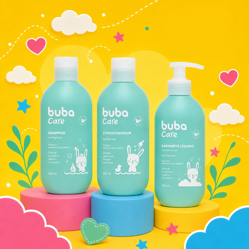 Kit Banho Shampoo e Condicionador Sabonete Liquido Infantil Bebê Buba Care Suave 250ml