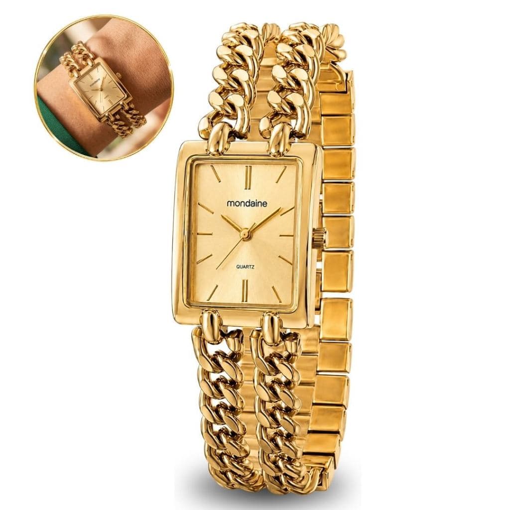 Relógio Mondaine Feminino Quadrado De Pulso Dourado Com Pulseira Trançada Corrente Elegante Em Aço Inoxidável Original