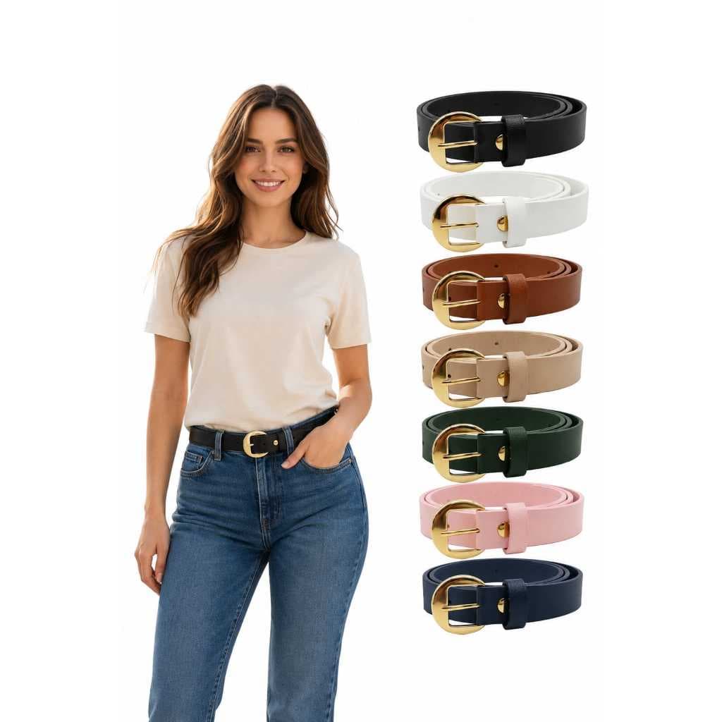 Kit 2 Cintos Femininos Finos Largura 2cm Fivela Dourada Couro Sintético Casual Para vestido , Jeans ,e Social - Barbára