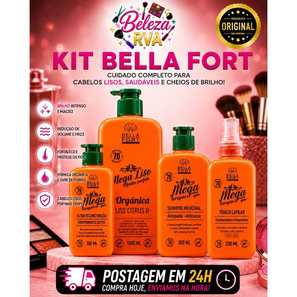 Kit Bella Fort Mega Liso Orgânica Shampoo Tônico Reconstrução Tratamento Capilar Completo