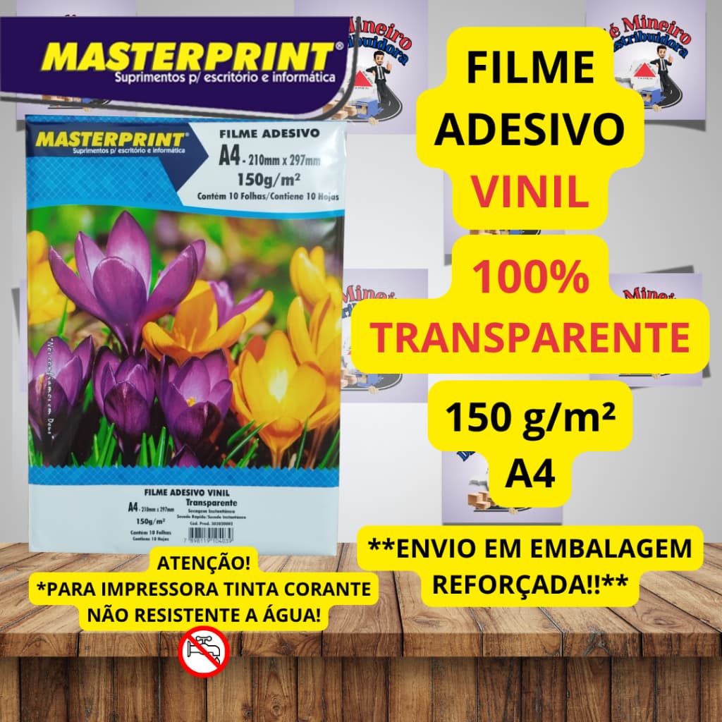 Vinil Adesivo 100% Transparente 150g A4 para Jato de Tinta Corante Masterprint