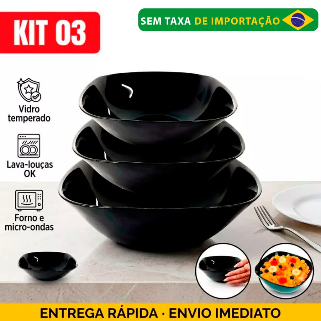 Kit Jogo 3 Tigelas Bowl Quadrada Preta black Opaline 370ml/600ml/1,9 LItros Resistente