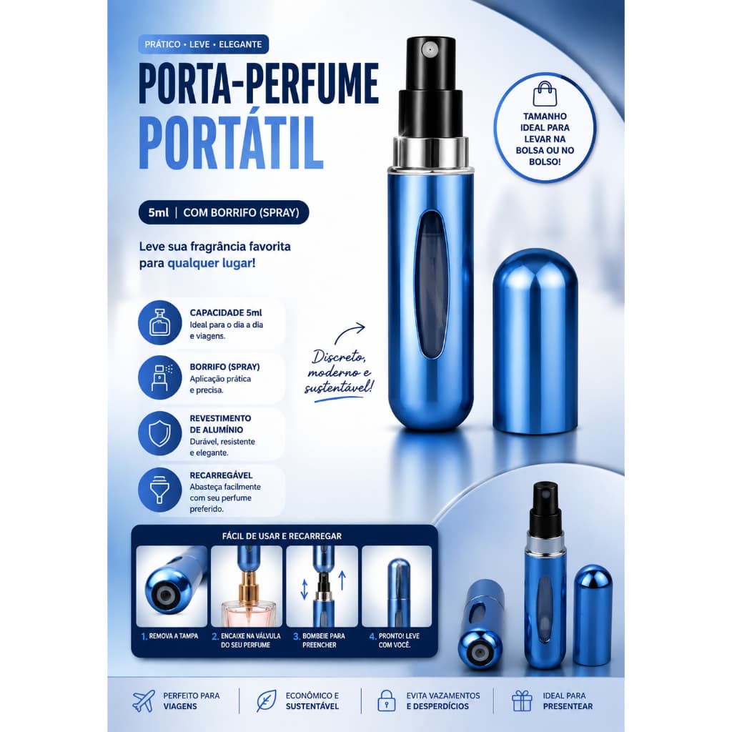 1 porta-perfume (perfume) portátil & míni (5 ml) c/ borrifo (spray) vegano (produto de alumínio) eco