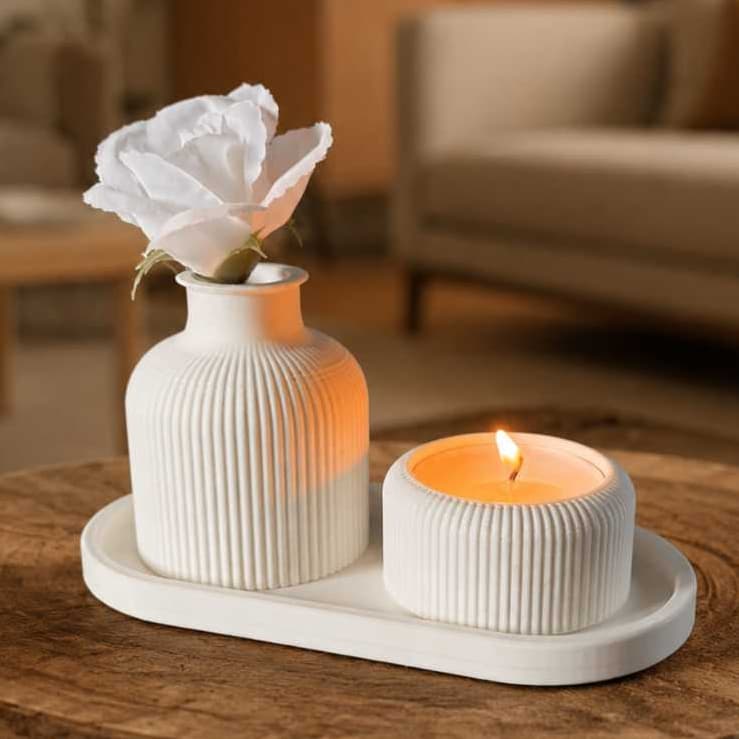 Kit Vaso Decorativo e Porta Vela em Impressão 3D com Bandeja Decoração para Sala e Quarto