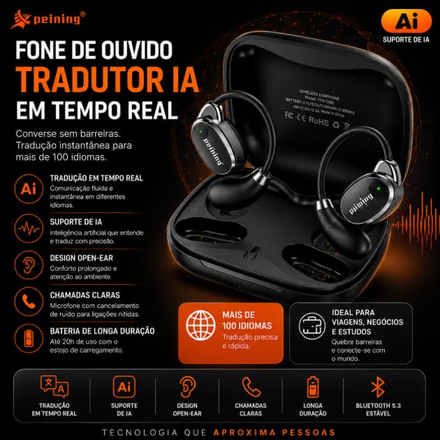 Fone de Ouvido Bluetooth com Tradutor Simultâneo de IA em Tempo Real +100 Idiomas