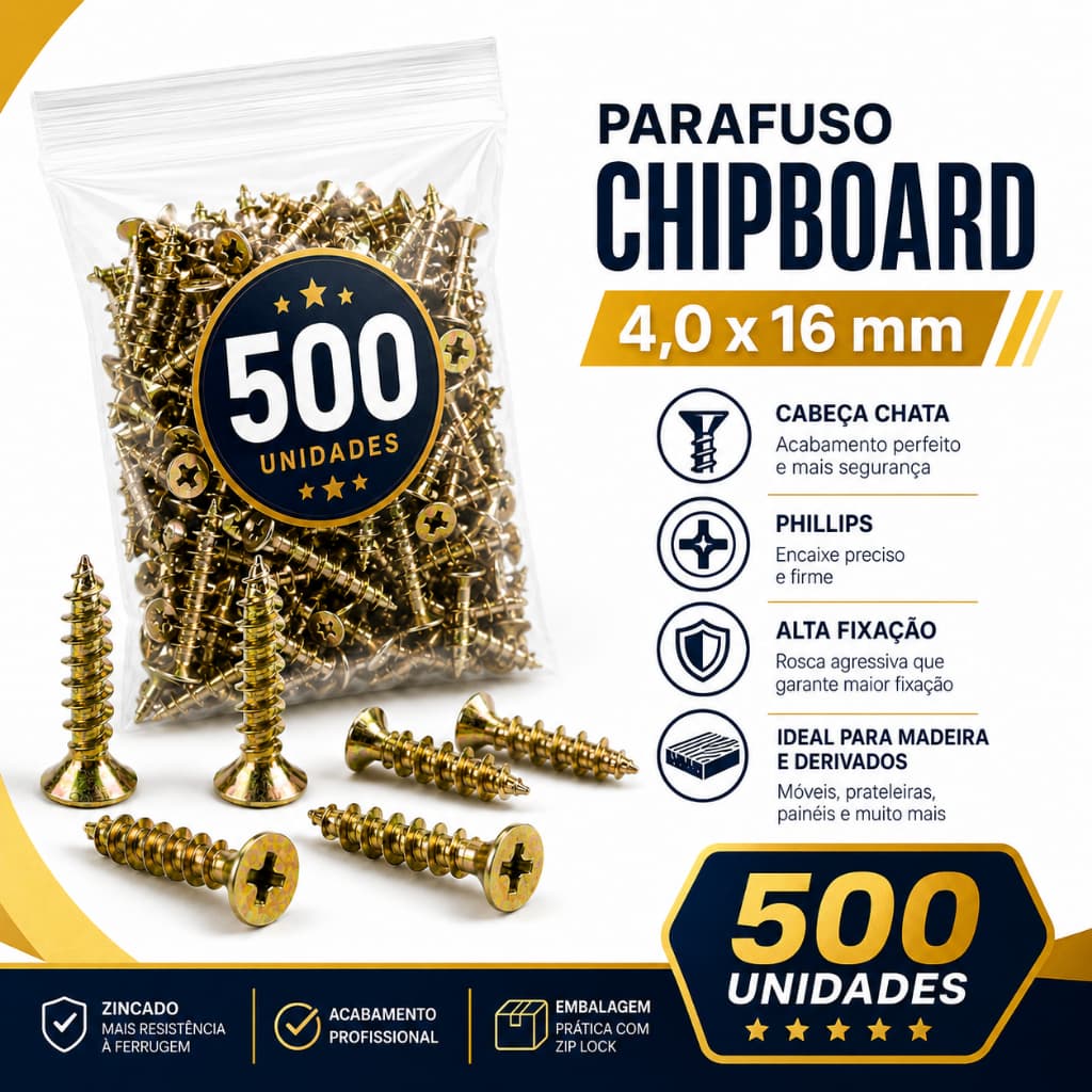 Parafuso Madeira 4x16 Tipo Chipboard Cabeça Chata 500 Unidades