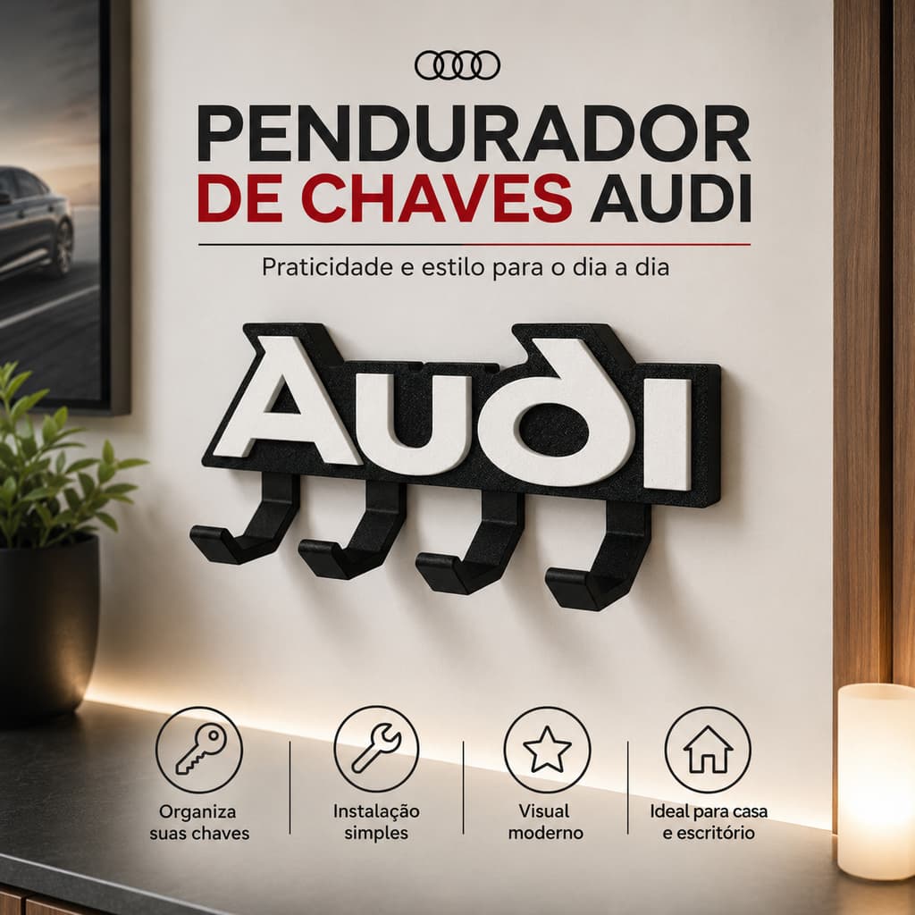 Porta Chaves de Parede Audi com 4 Ganchos Pendurador Automotivo Organizador com Fita Dupla Face