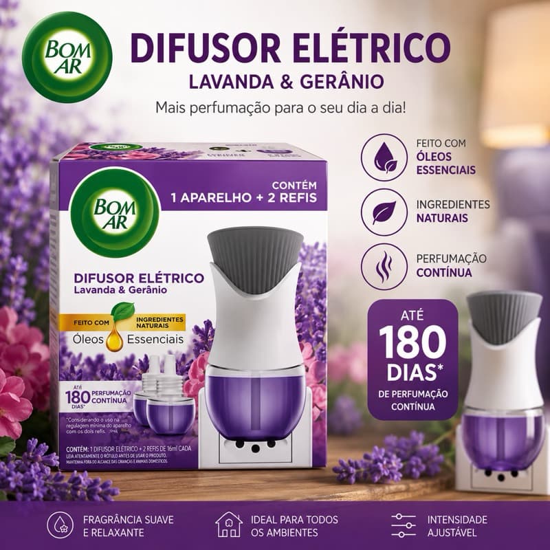 Bom Ar Difusor de Aromas Elétrico Lavanda e Gerânio + 2 refis