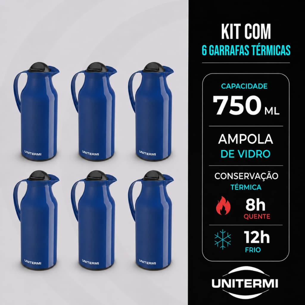 Kit 6 Garrafas Térmicas Siena 750ml Unitermi Para Café Chá Conserva Quente e Frio Bico Anti Gotas
