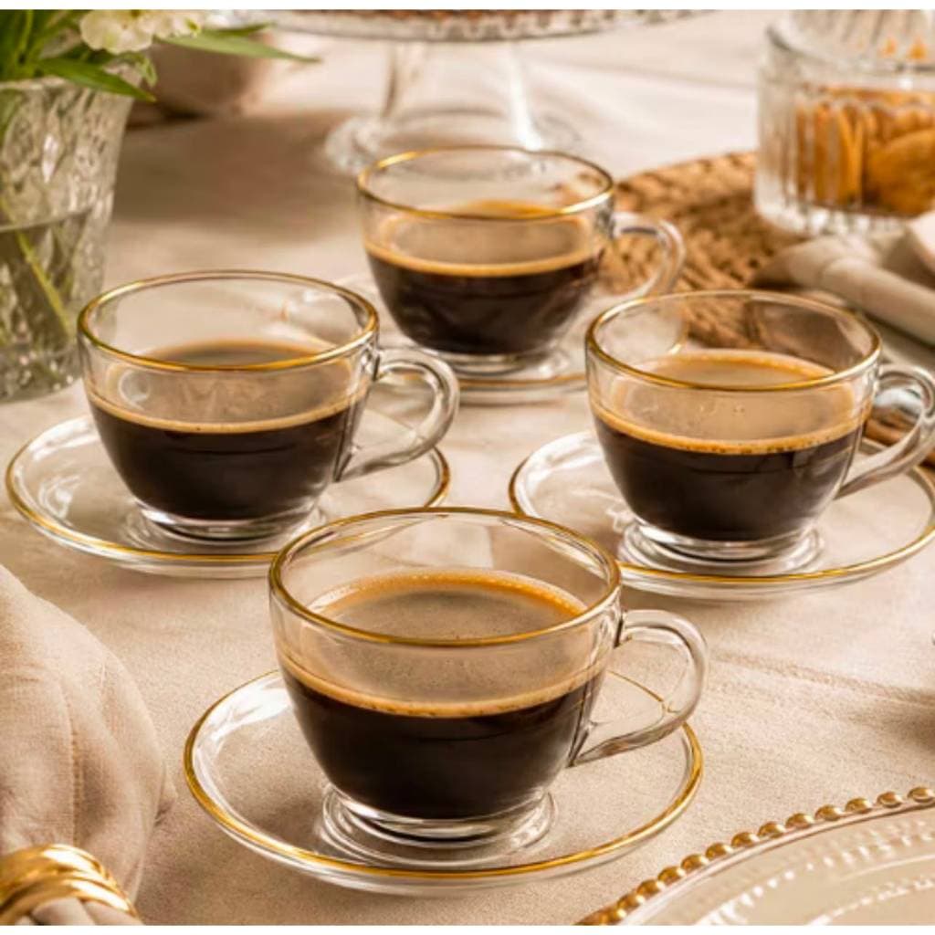 Jogo de 4 Xícaras de Café + Pires 90ml Cristal Transparente C/ Borda Dourado Hauskfraft Premium Chá Barato Outras Bebida