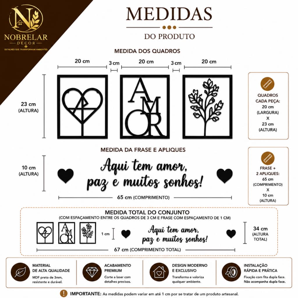 Kit 3 Quadros Decorativos  + Frase Aqui Tem Amor Paz E Muitos Sonhos em MDF Para Sala e Quarto