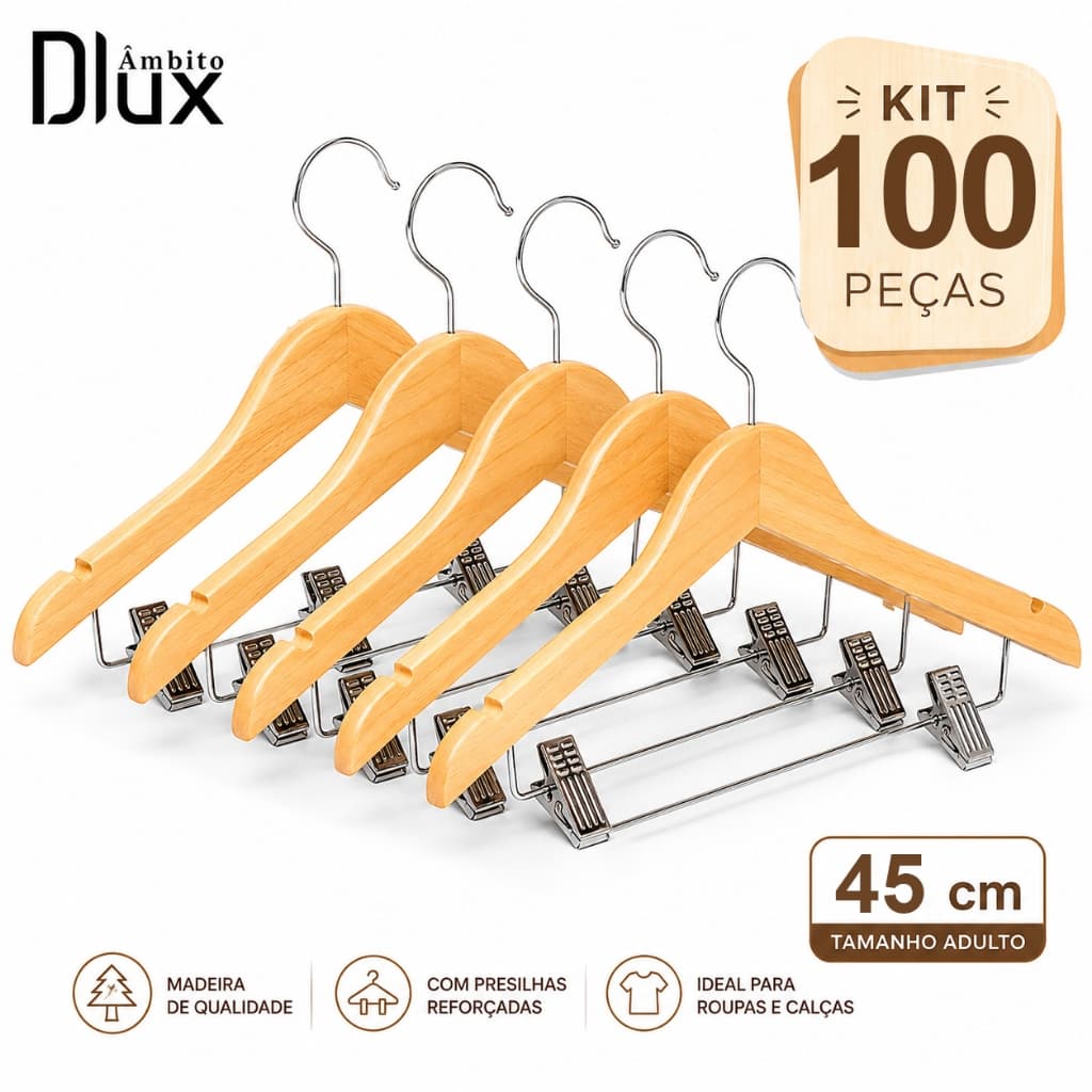 Ambito Dlux Kit 100 Cabides De Madeira Adulto Com Presilhas Reforçadas Gancho Cromado Organização