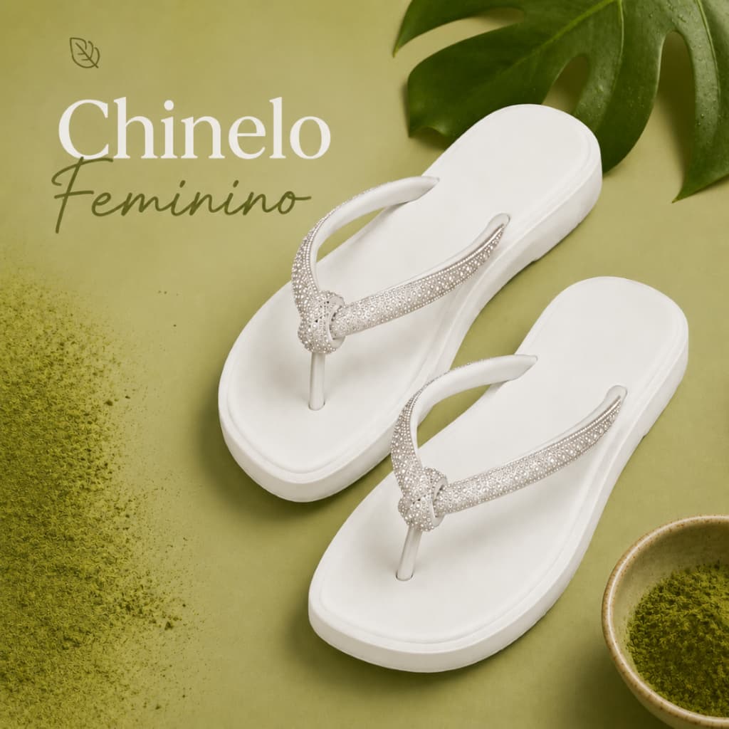 Chinelo Elegance Branco Feminino Com Nó E Strass Elegante Confortável E Resistente Moda Verão Chique