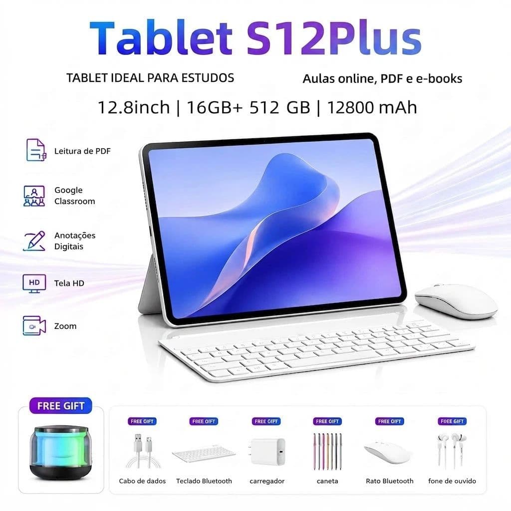 【Free Keyboard and mouse】S12 Plus Tablet 12.8-inch Tablet 16GB+512GB features 5G and Dual SIM. 12800mAh WIFI