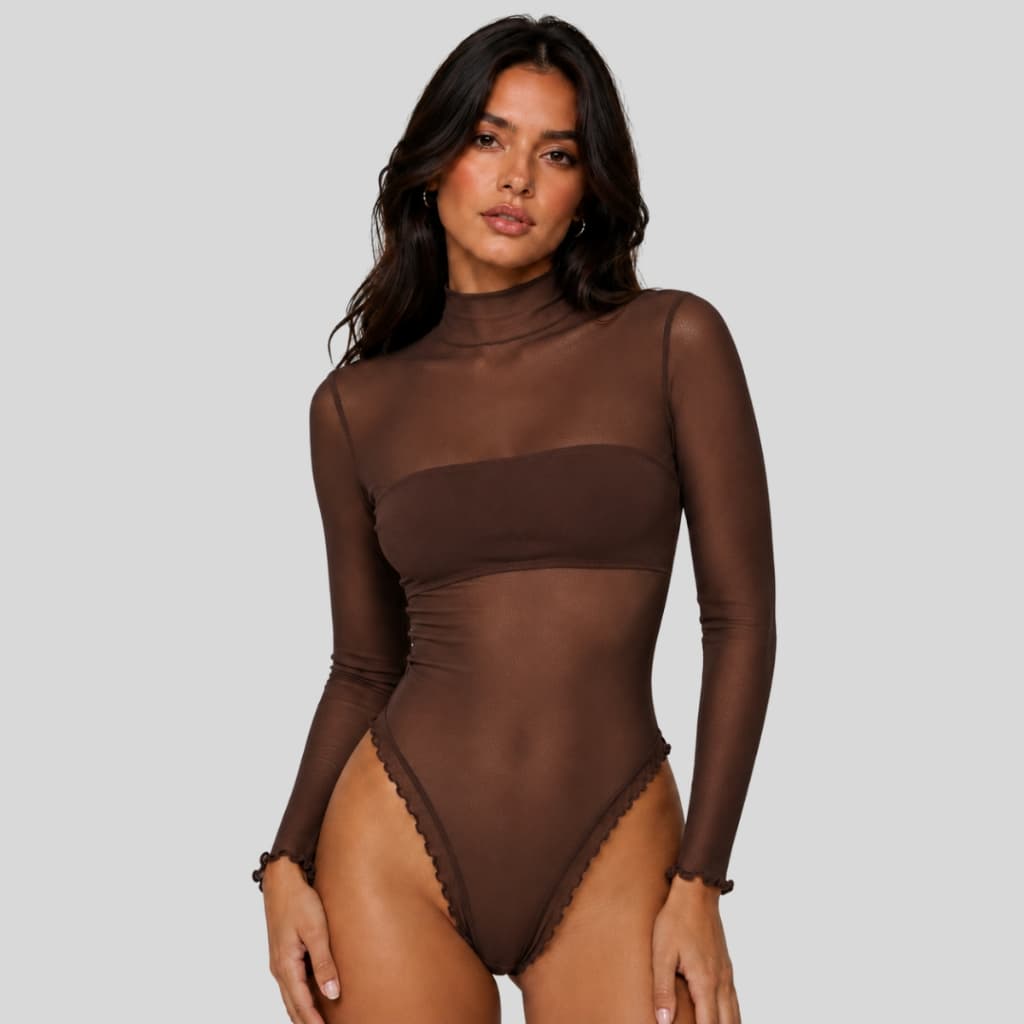 Body Feminino Tule Transparente Manga Longa Gola Alta Com Frufru + Top Faixa Elegante Moda Feminina