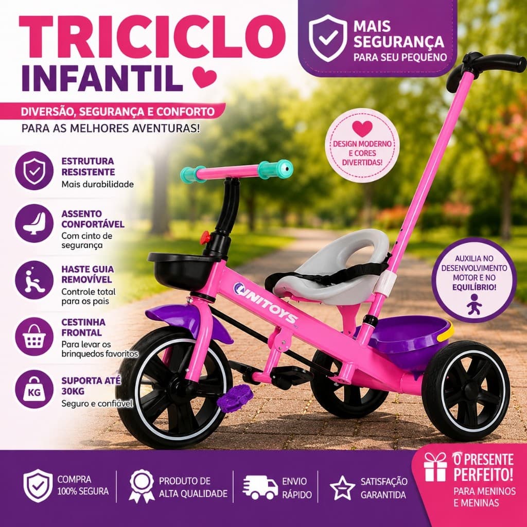 Triciclo Infantil Seguro Confortavel Com Assento Ajustavel Empurrador Rosa Infantil