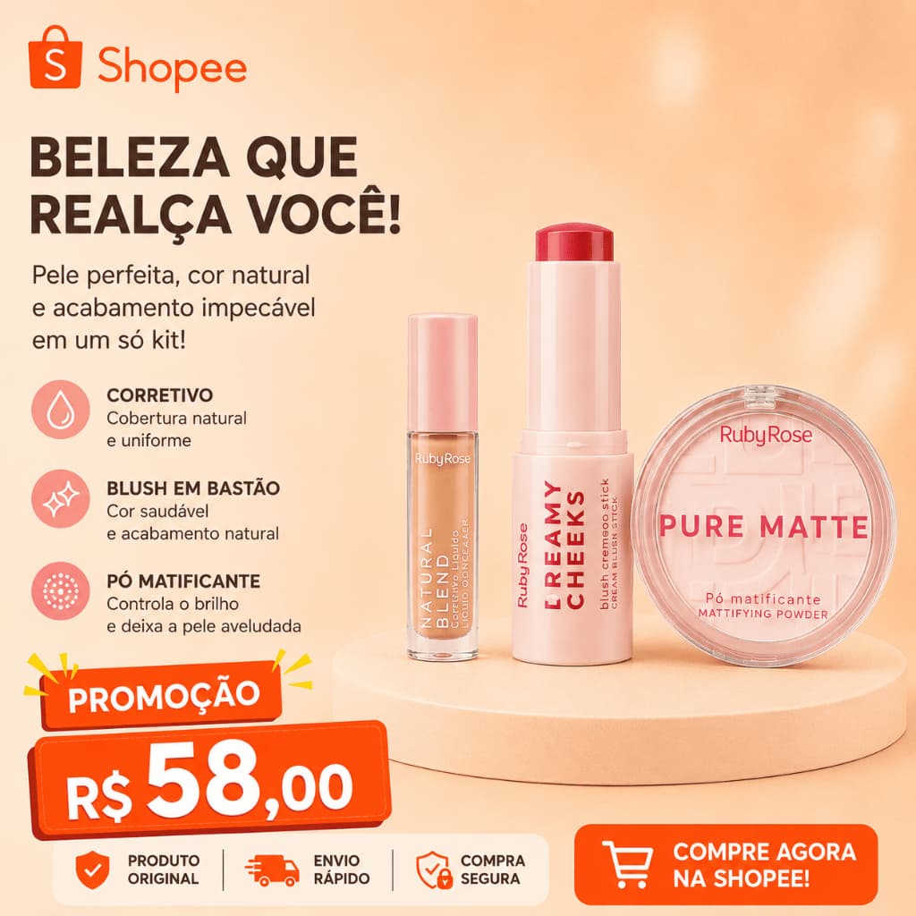 Kit Maquiagem Ruby Rose Corretivo + Blush + Pó Compacto Pure Matte