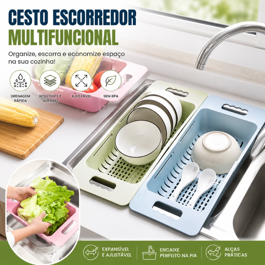 Escorredor de Pia Retrátil Ajustável com Alças Cesta Multifuncional para Lavar Frutas, Verduras e Escorrer Louças