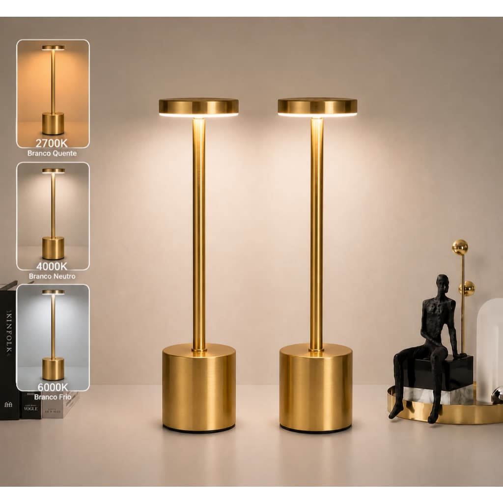 Kit 2 Luminárias Mesa Abajur Touch Led Dimerizável Luz Decoração Sem Fio 3000k Recarregável Dourado