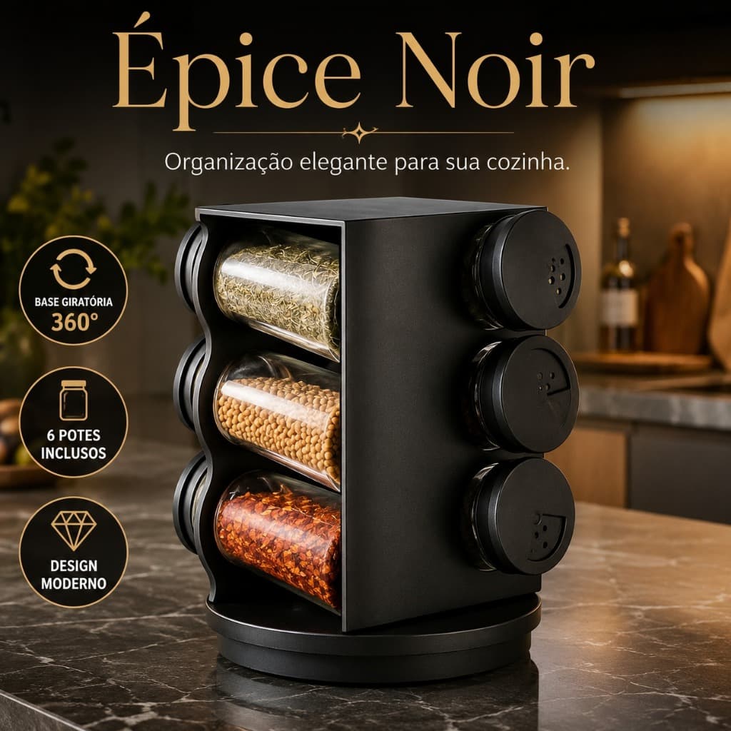 Porta Condimentos Giratório 360° Épice Noir com 6 Potes 80ml Organizador de Temperos Preto para Cozinha