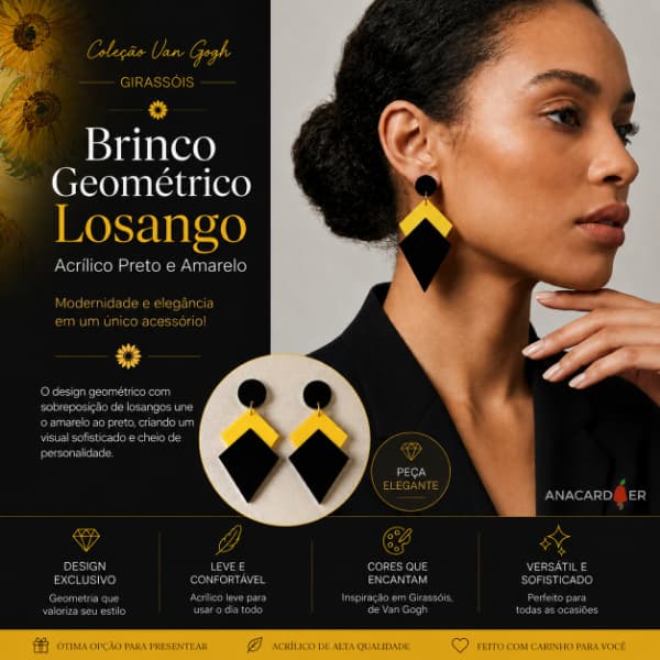 Brinco Geométrico Losango Acrílico Preto e Amarelo | Coleção Van Gogh | Inspirado em Girassóis