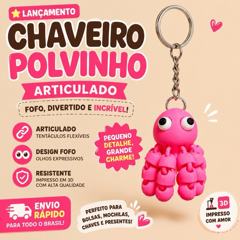 Chaveiro Polvo Articulado Impressão 3D Fofo Antiestresse