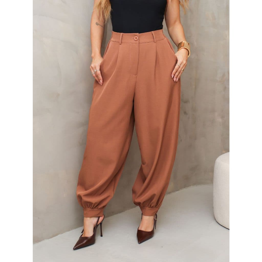 SM Calça Jogger Feminina Alfaiataria Cintura Alta Elegante Casual Social com Punho Y-131