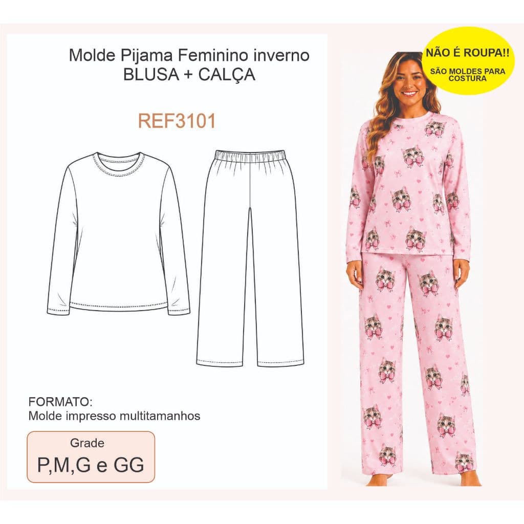 Molde Pijama Feminino Inverno REF3101 Blusa Manga Longa + Calça P ao GG Impresso Kraft MULTITAMANHO