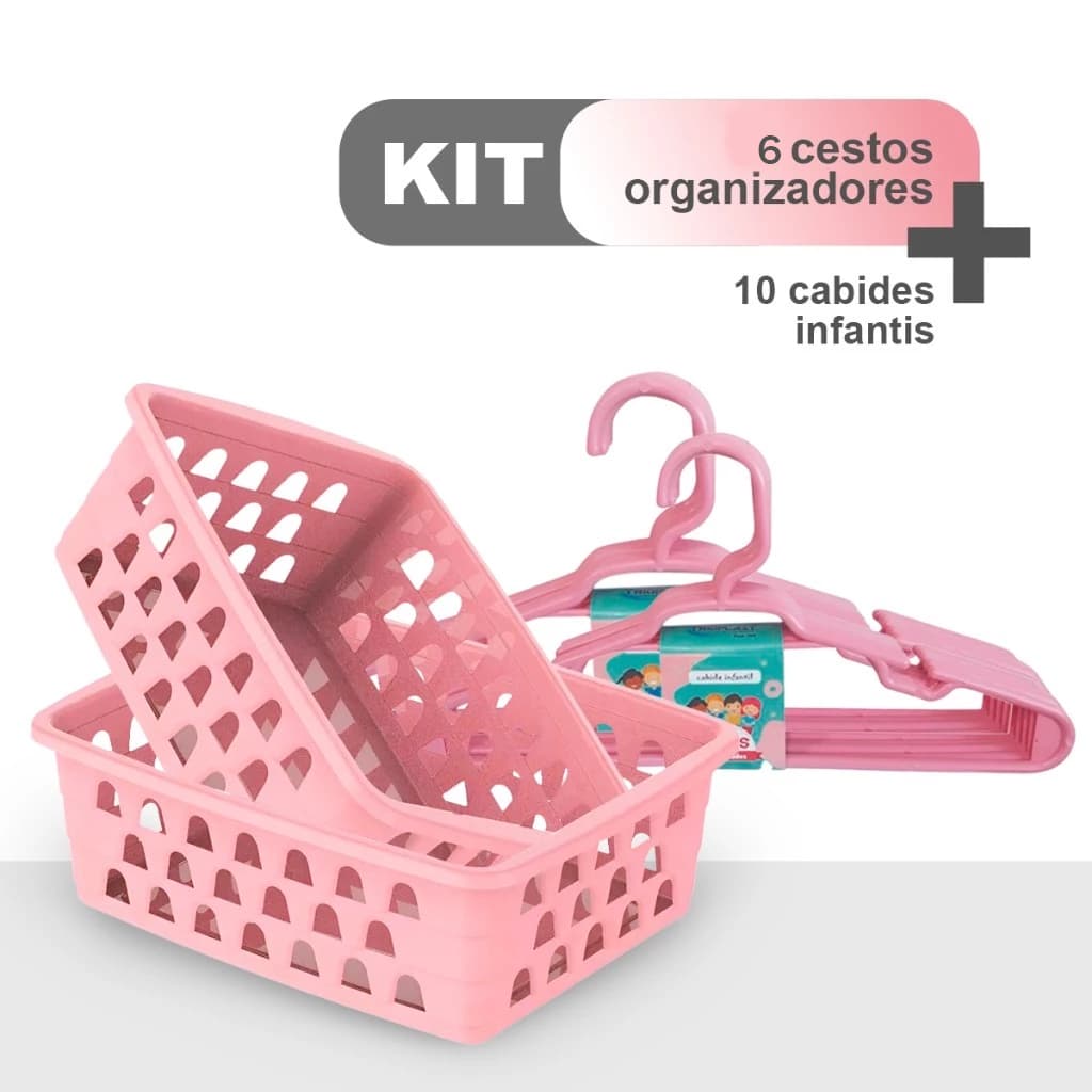 Kit 06 Cestinhas Organizadoras + 10 Cabides Infantis –  branco/Rosa/Azul