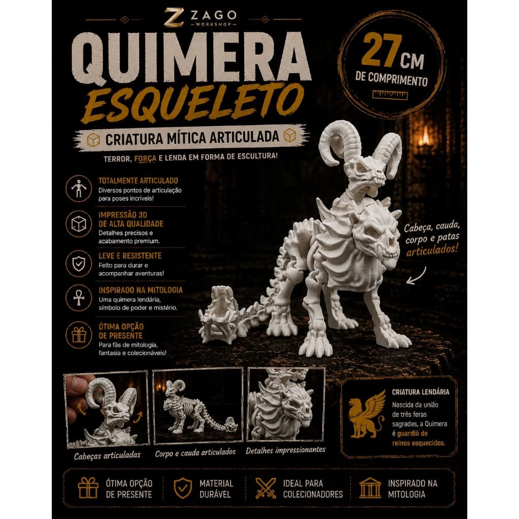 Quimera Esqueleto Articulada 27cm de comprimento Impressão 3D Flexível Criatura Mitológica Colecionável