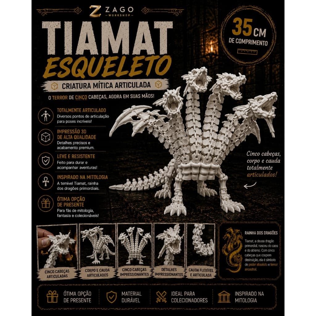 Dragão Tiamat Esqueleto Articulada 35cm Impressão 3D Flexível Criatura Mitológica Colecionável