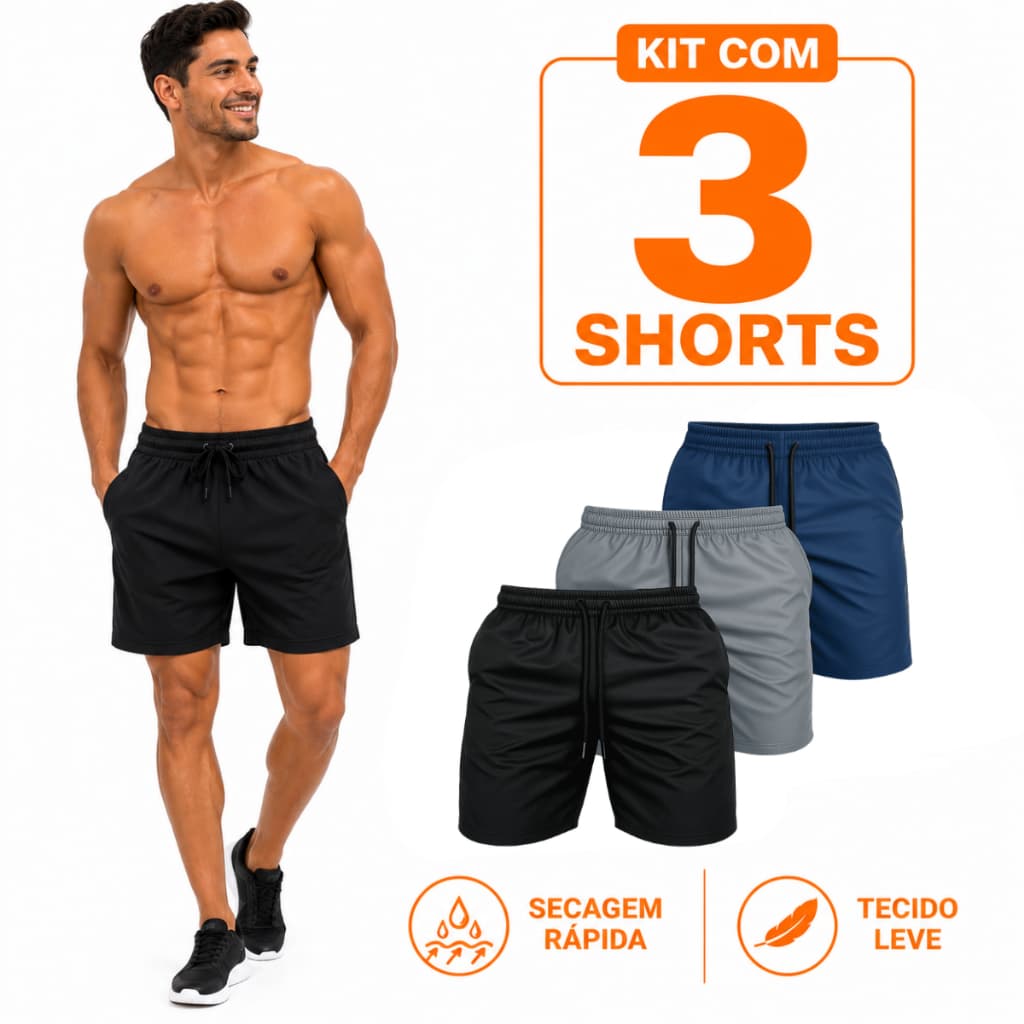 Kit 3 Shorts Masculino Tactel Bermuda Masculina Mauricinho Lisa Praia Academia Treino Corrida Caminhada