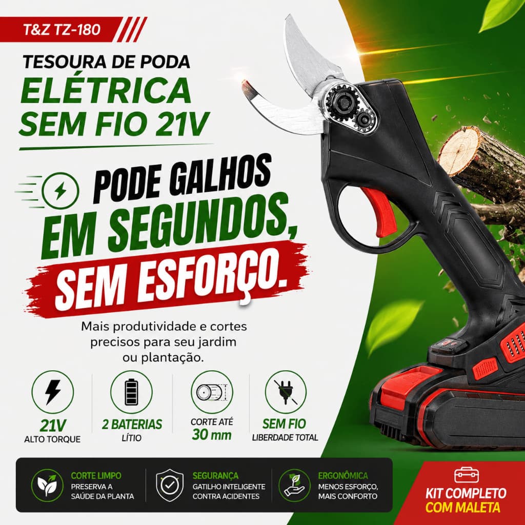Tesoura de Poda Elétrica Sem Fio 21V Profissional Com 2 Baterias Maleta Corta Galhos Até 30mm T&Z
