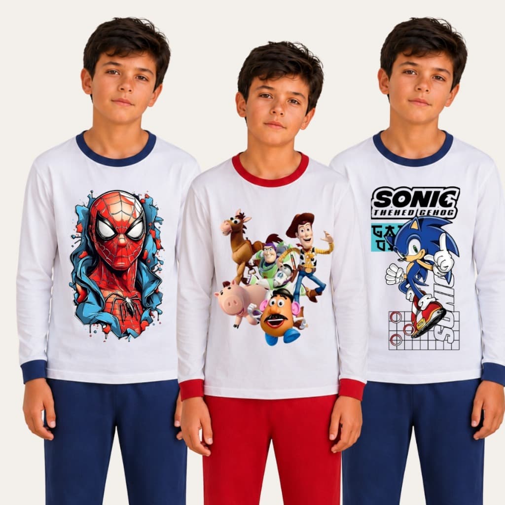 Kit Sortido 3 Peças Pijama Infantil Menino Manga Longa Suede Estampado