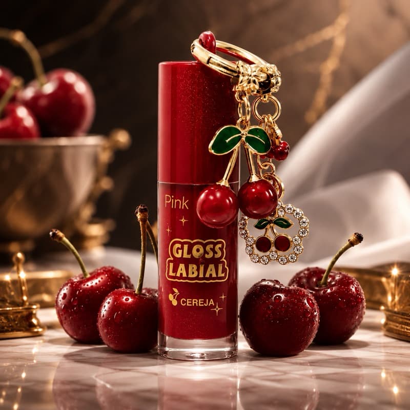 Gloss Labial Cereja com Chaveiro Hidratante Brilho Labial Portátil Pingente de Cereja para Chaves