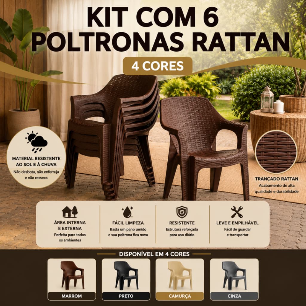 Kit 6 Poltrona Rattan Cadeira Reforçada Empilhável Escritório Varanda Piscina Sala Jardim Lazer Casa