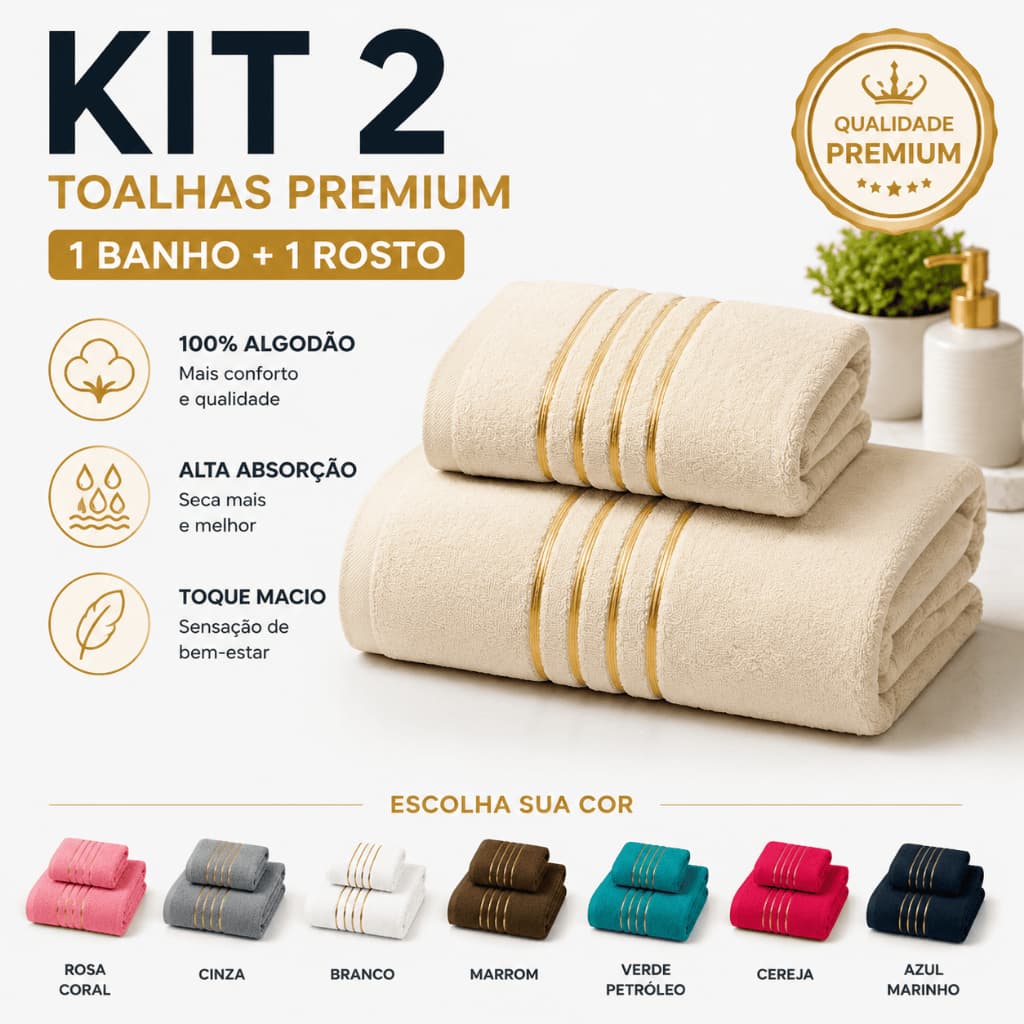 Jogo de Toalhas com 02 Peças Banho e Rosto Dourado 100% Algodão Alta Absorção Grande Refinatto