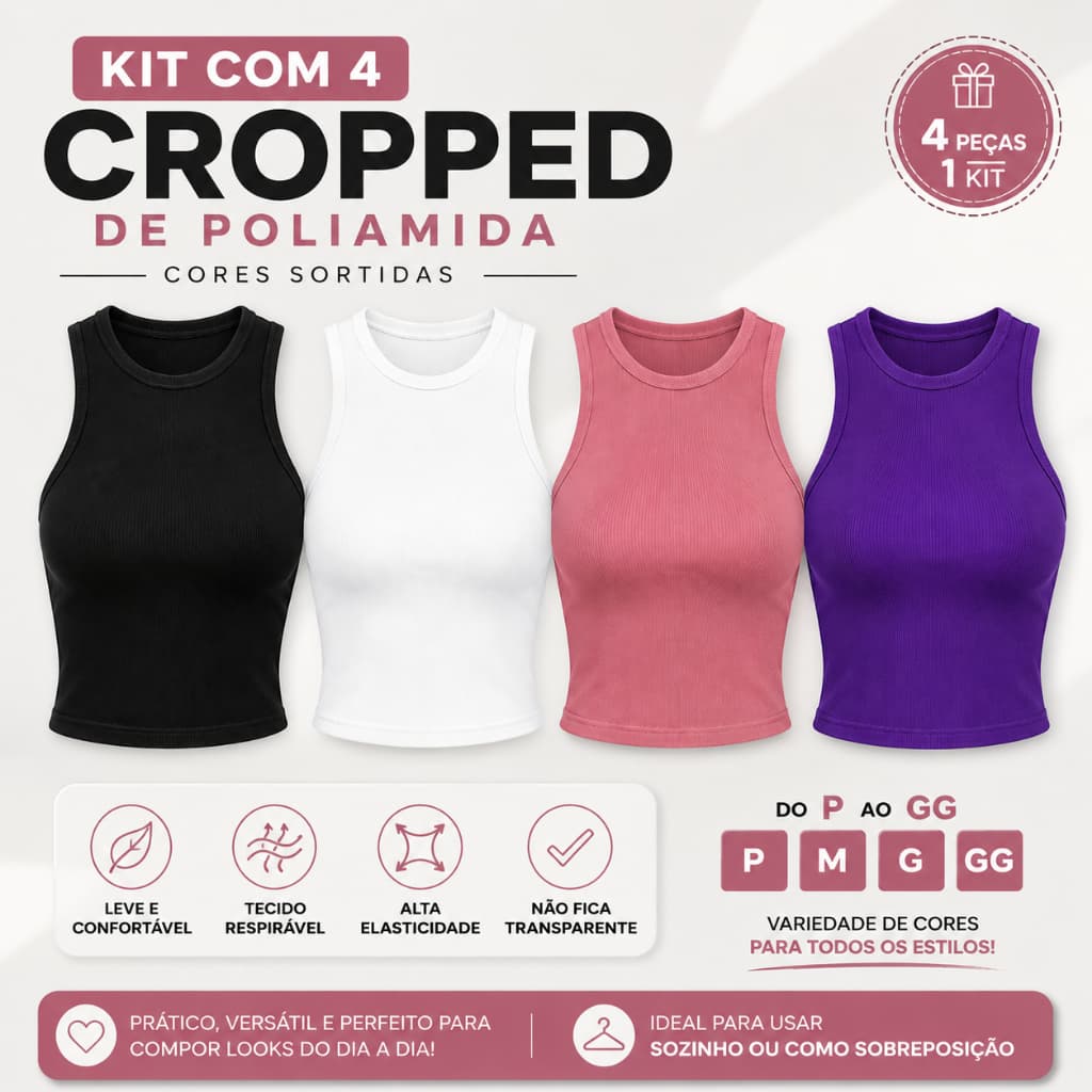 Kit 4 Cropped Poliamida Básica Elegante Dia a Dia Moderno Cores Sortidas