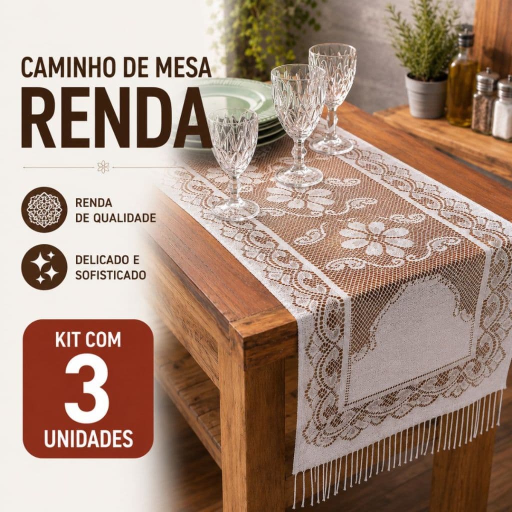 Kit 3 Caminhos de Mesa Lindas, Renda Liso 1,50mx0,40cm Moderna de Alta Qualidade. FRETE GRATIS