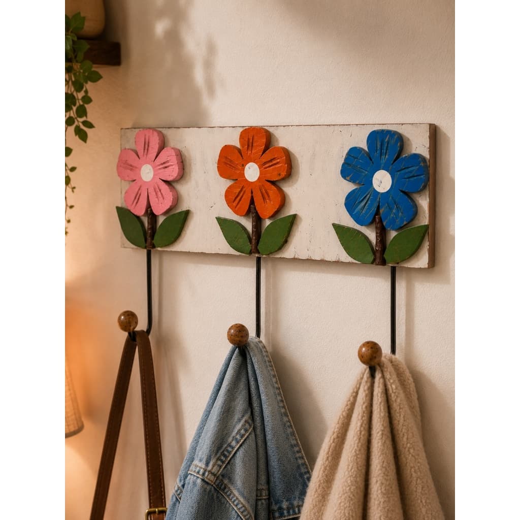 Cabideiro Decorativo 40 CM de Parede 3 Flores 3 Ganchos Madeira Flores Cores Sortidas